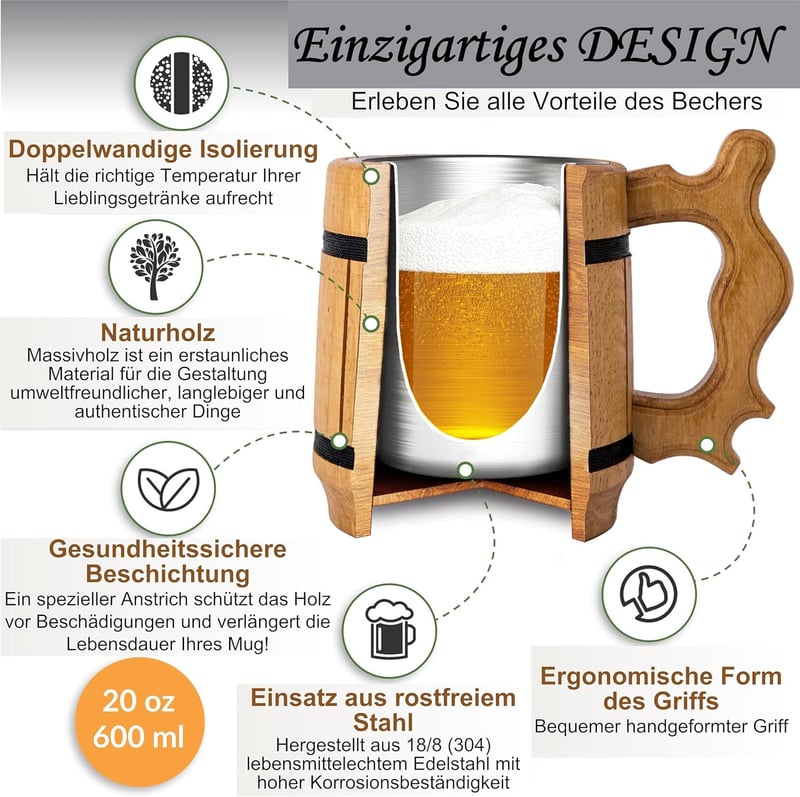 Wikinger Bierkrug aus Holz 0,6L mit Gravur – Geschenk für Männer