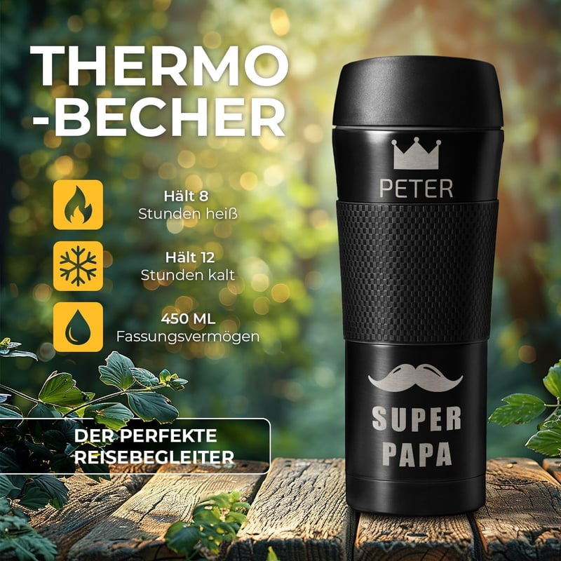 Personalisierter Edelstahl-Thermobecher für Männer - 450 ml - schwarz