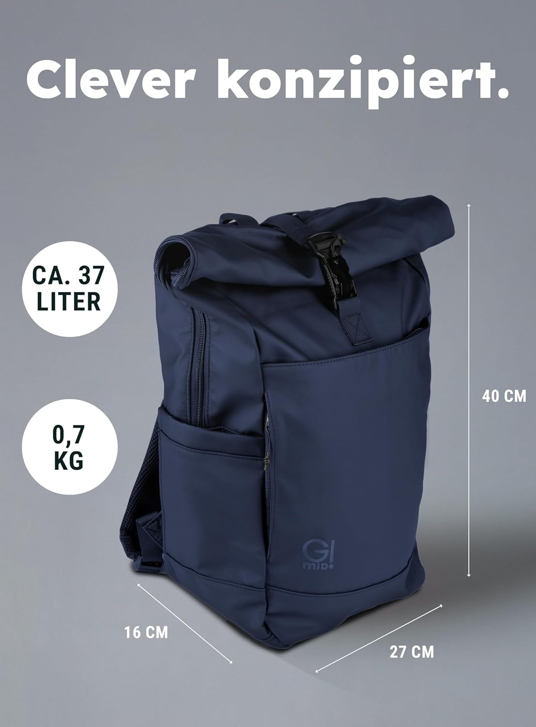 Wasserabweisender Rolltop-Rucksack 37L mit Laptopfach und Organizersystem