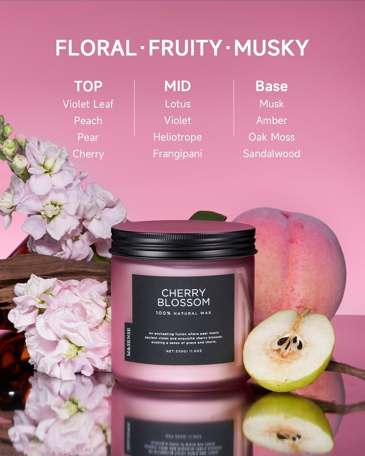 Kirschblüte Duftkerze im Glas - 330g, 70 Stunden Brenndauer, für Entspannung