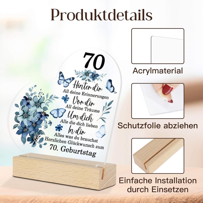 Acrylschild mit Holzsockel – Dekoration zum 70. Geburtstag für Familie und Freunde