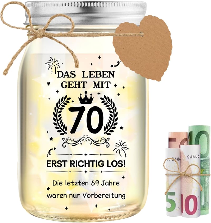 Witziges LED-Flaschenlicht Geldgeschenk zum 70. Geburtstag für Frauen