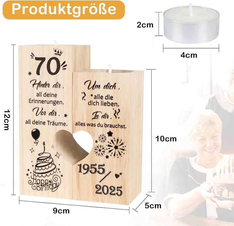 Personalisierter Holz-Kerzenständer zum 70. Geburtstag für Frauen