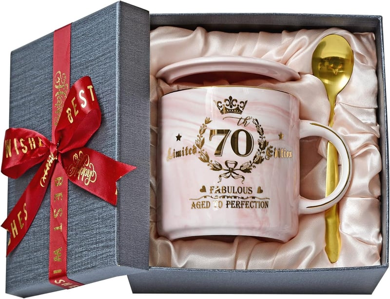 70. Geburtstag Frau - 400ml Marmor Keramikbecher mit Golddruck