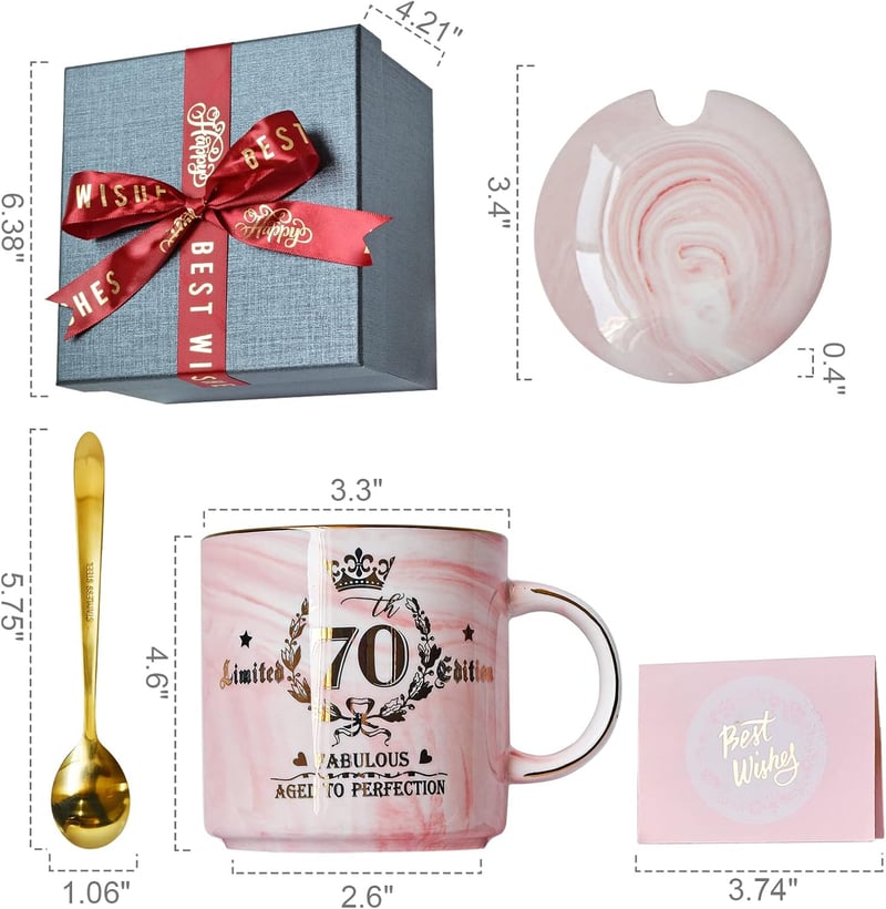 70. Geburtstag Frau - 400ml Marmor Keramikbecher mit Golddruck