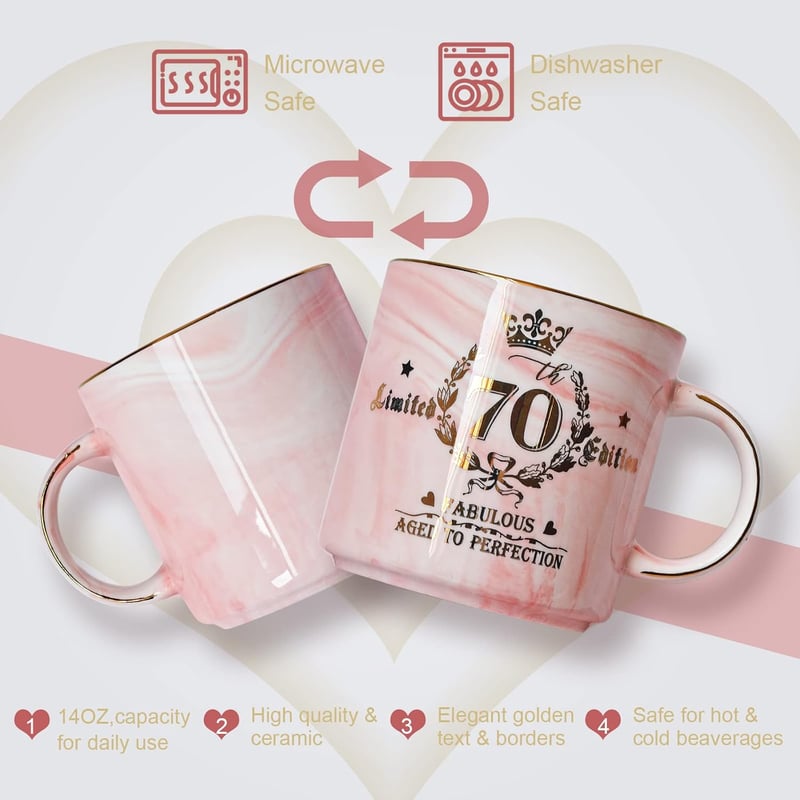 70. Geburtstag Frau - 400ml Marmor Keramikbecher mit Golddruck