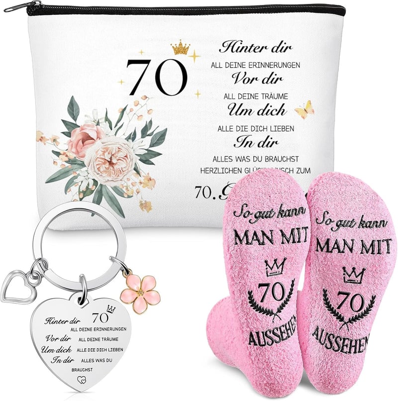 70. Geburtstagsgeschenk für Frauen – Kosmetiktasche, Socken und Schlüsselanhänger