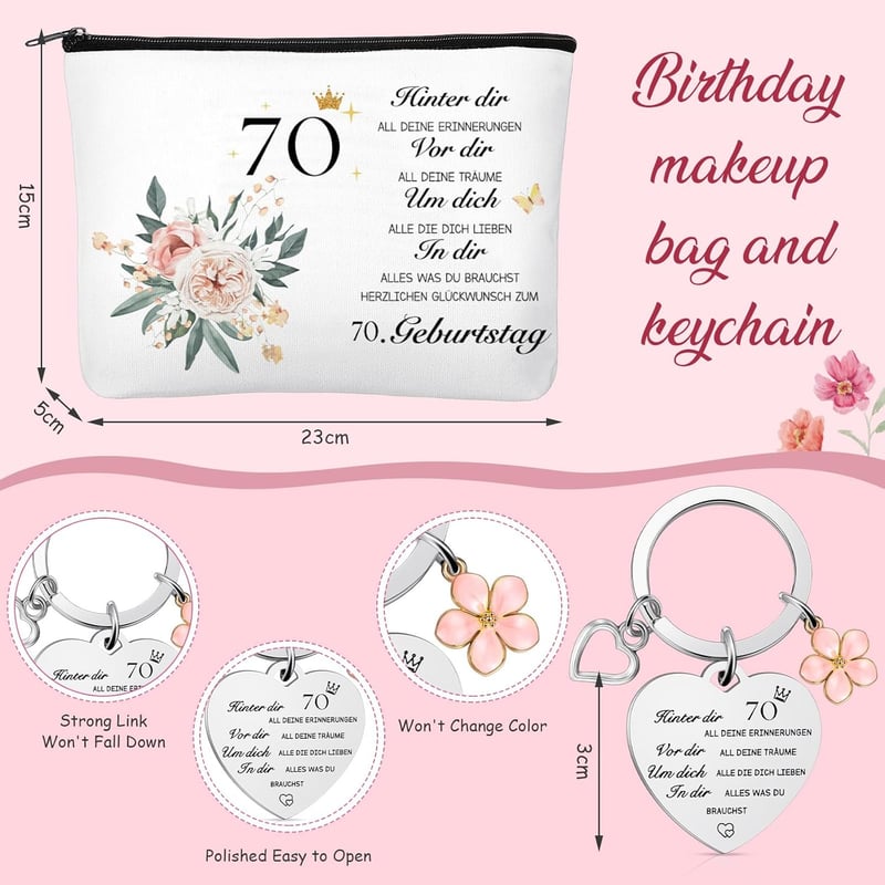70. Geburtstagsgeschenk für Frauen – Kosmetiktasche, Socken und Schlüsselanhänger