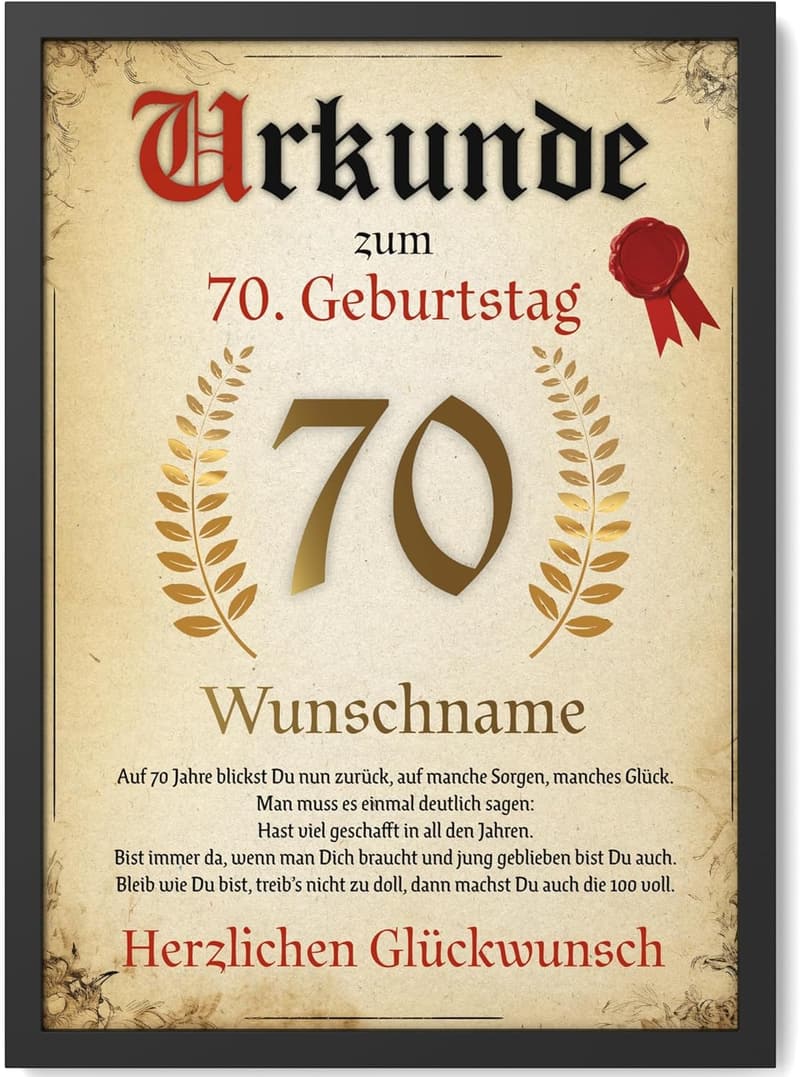 Personalisierte Urkunde zum 70. Geburtstag für Frauen und Männer