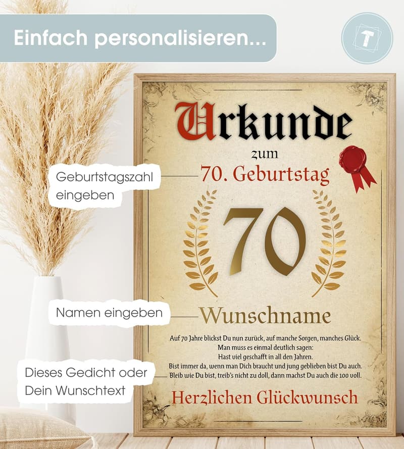 Personalisierte Urkunde zum 70. Geburtstag für Frauen und Männer