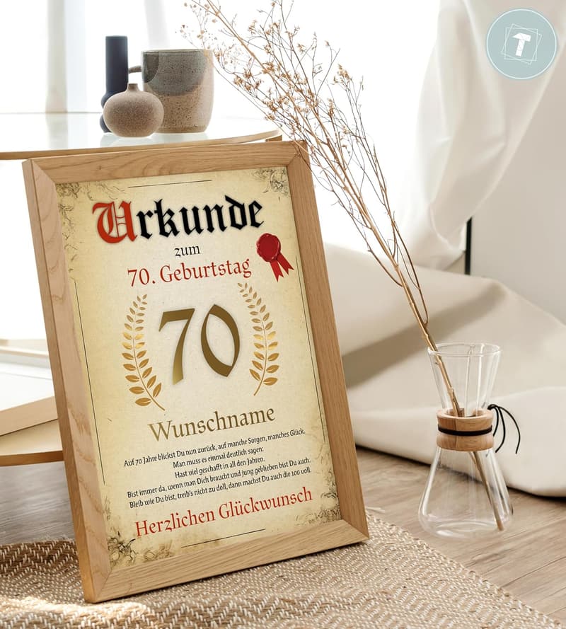 Personalisierte Urkunde zum 70. Geburtstag für Frauen und Männer