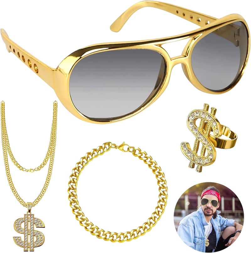 Hip Hop Kostümset mit Dollarzeichen-Halskette und Ringen