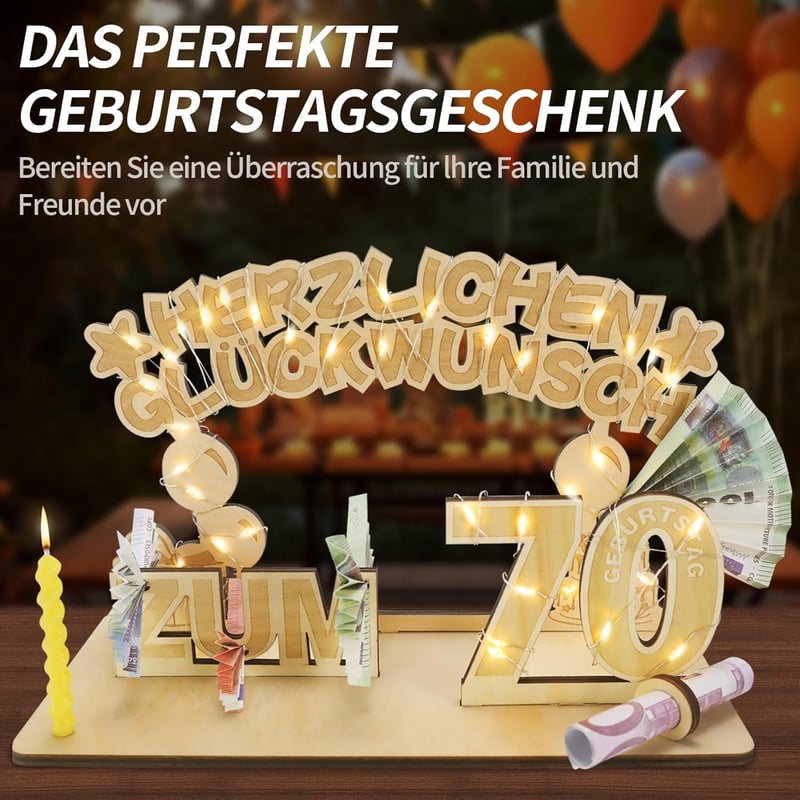 70. Geburtstag Deko mit LED Lichterkette aus Holz für Männer und Frauen