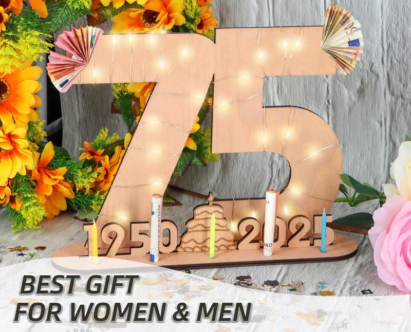 Originelles 70. Geburtstagsgeschenk für Frauen und Männer – personalisierbares Holzschild mit LED-Lichterkette und Gästebuch