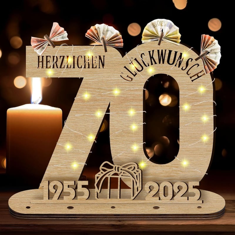 Personalisierbares LED Holzschild zum 70. Geburtstag für Frauen