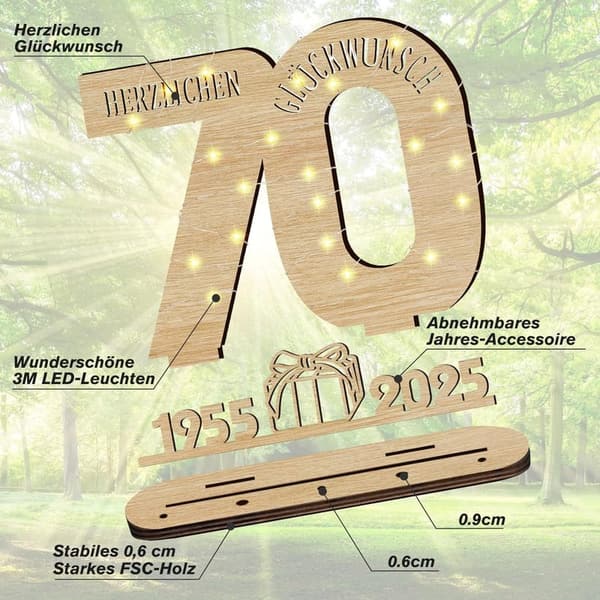 Personalisierbares LED Holzschild zum 70. Geburtstag für Frauen