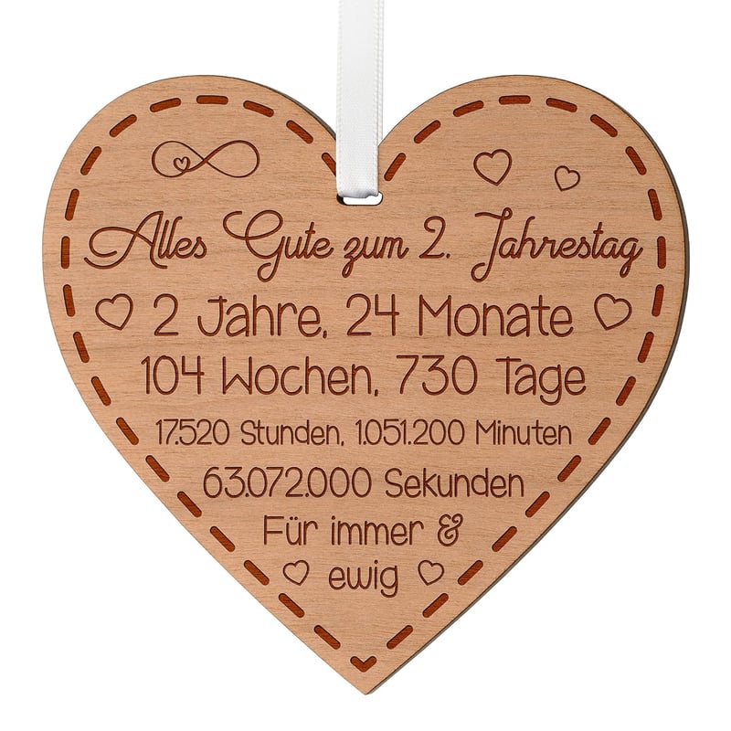 2. Jahrestag Holzherz mit Gravur für Paare