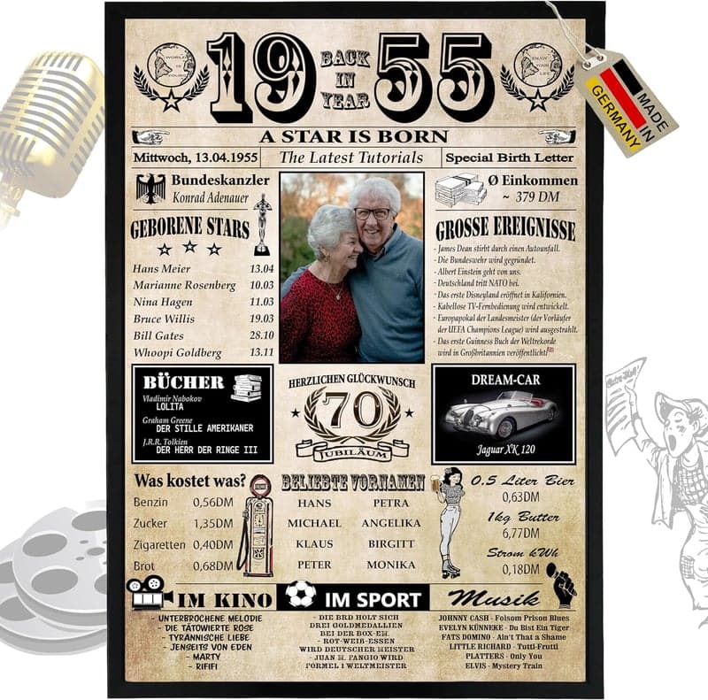 Personalisierbare Jahreschronik 1955 auf 400g/m² Premium Papier - 70. Geburtstag