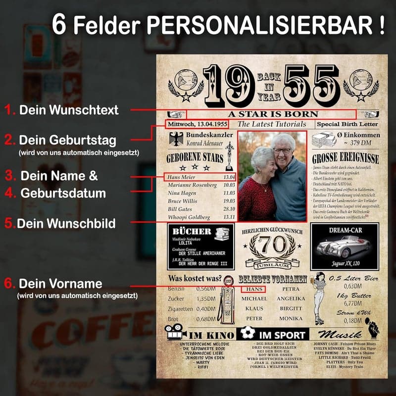 Personalisierbare Jahreschronik 1955 auf 400g/m² Premium Papier - 70. Geburtstag