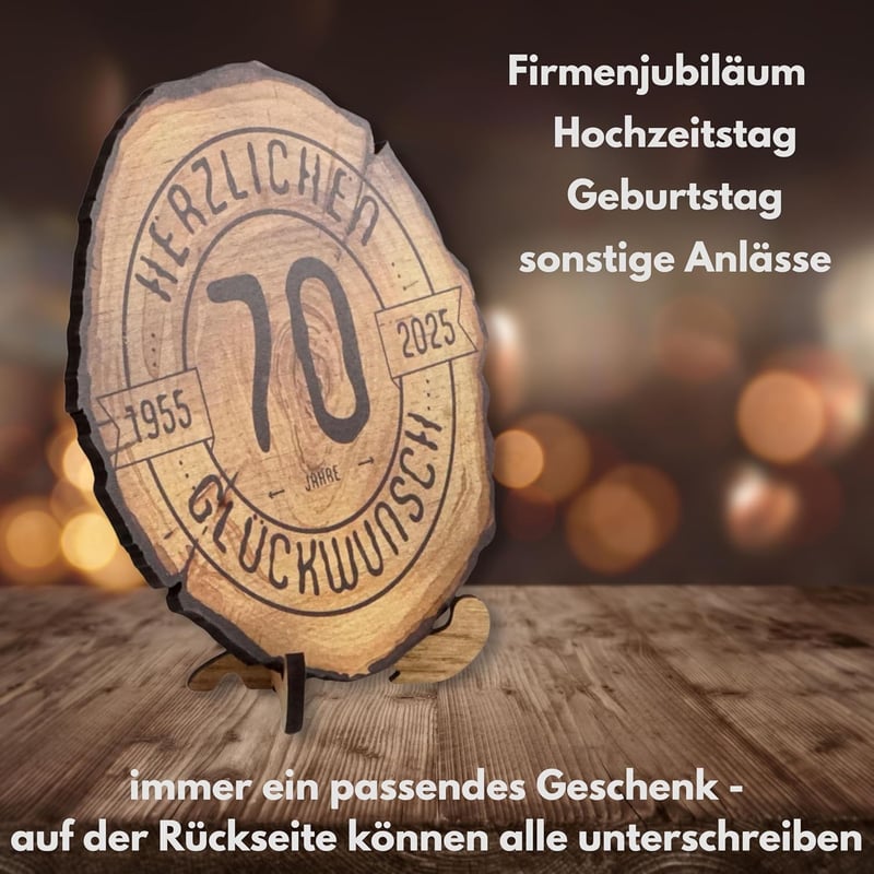 Holzscheibe 70 Jahre Jubiläum - Glückwunsch Geschenk 20 cm