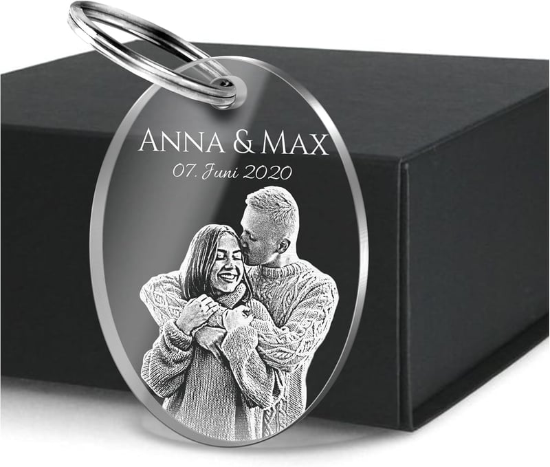 Personalisierter Schlüsselanhänger mit Foto und Gravur für Paare