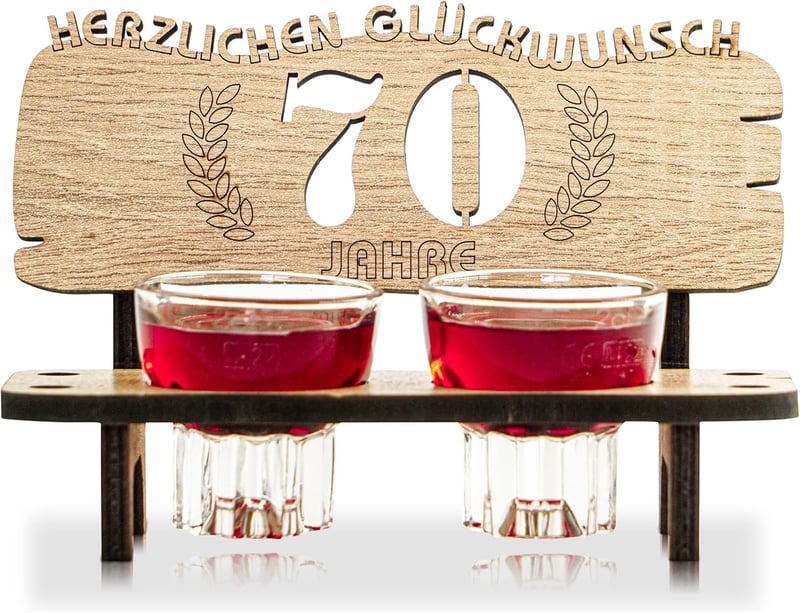 Schnapsbank mit 2 Gläsern zur Feier des 70. Jubiläums