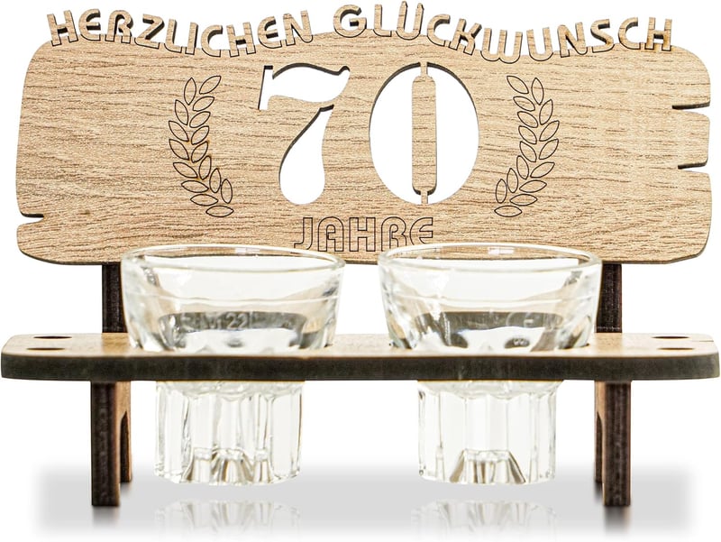 Schnapsbank mit 2 Gläsern zur Feier des 70. Jubiläums
