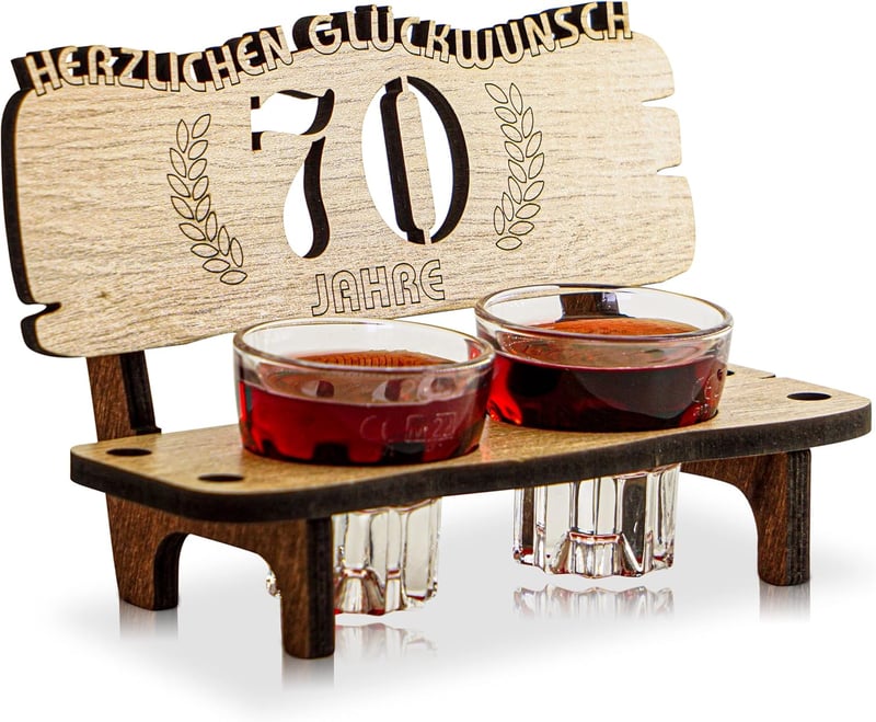 Schnapsbank mit 2 Gläsern zur Feier des 70. Jubiläums