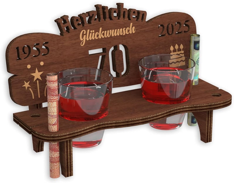 Schnapsbank mit 70er Gravur und 2 Gläsern aus Holz zum Geburtstag