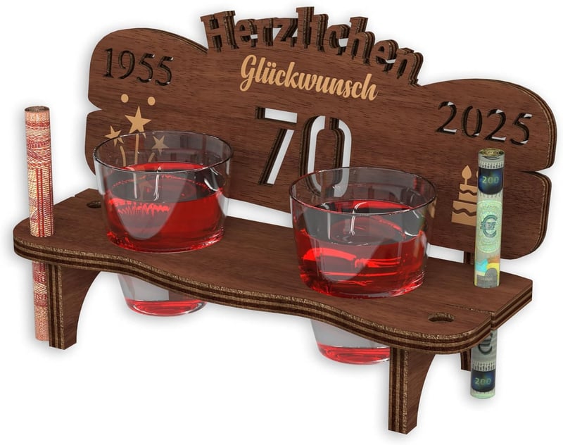Schnapsbank mit 70er Gravur und 2 Gläsern aus Holz zum Geburtstag