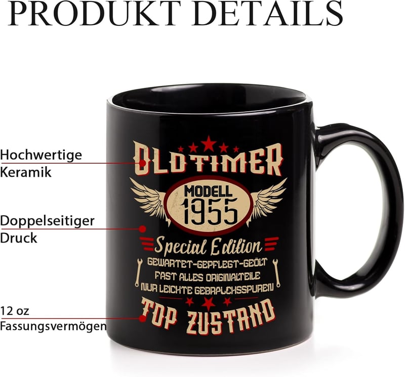 70. Geburtstag Tasse für Männer – 1955 Jahrgang, Schwarz, Keramik 350 ml