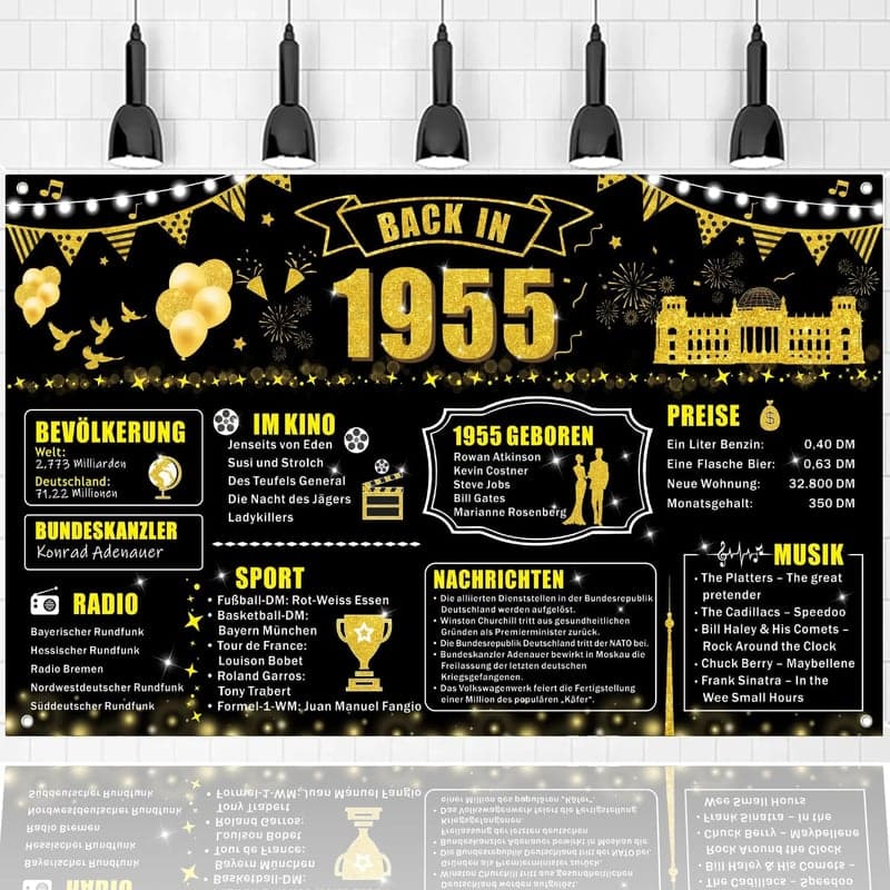70. Geburtstag Party-Banner Schwarz-Gold mit Jahr 1955