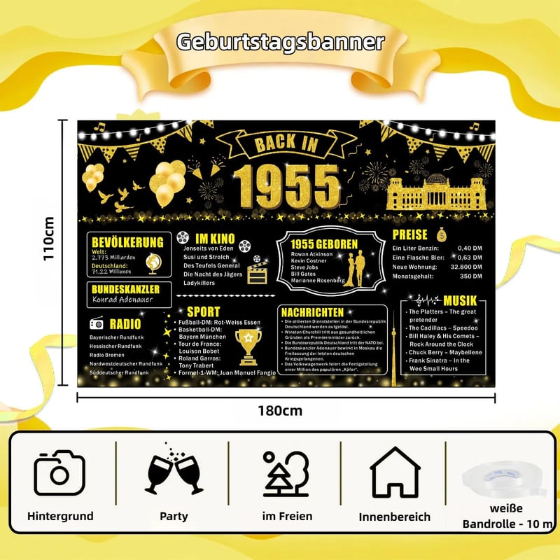 70. Geburtstag Party-Banner Schwarz-Gold mit Jahr 1955