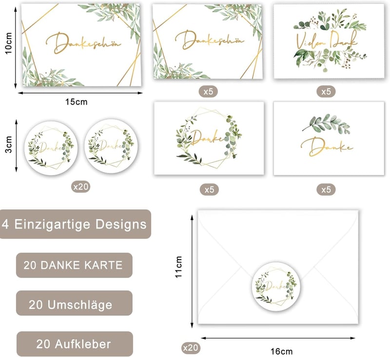 Dankeskarten-Set für Hochzeit und Geburtstag, 20 Karten mit Umschlägen und Aufklebern, 4 Designs