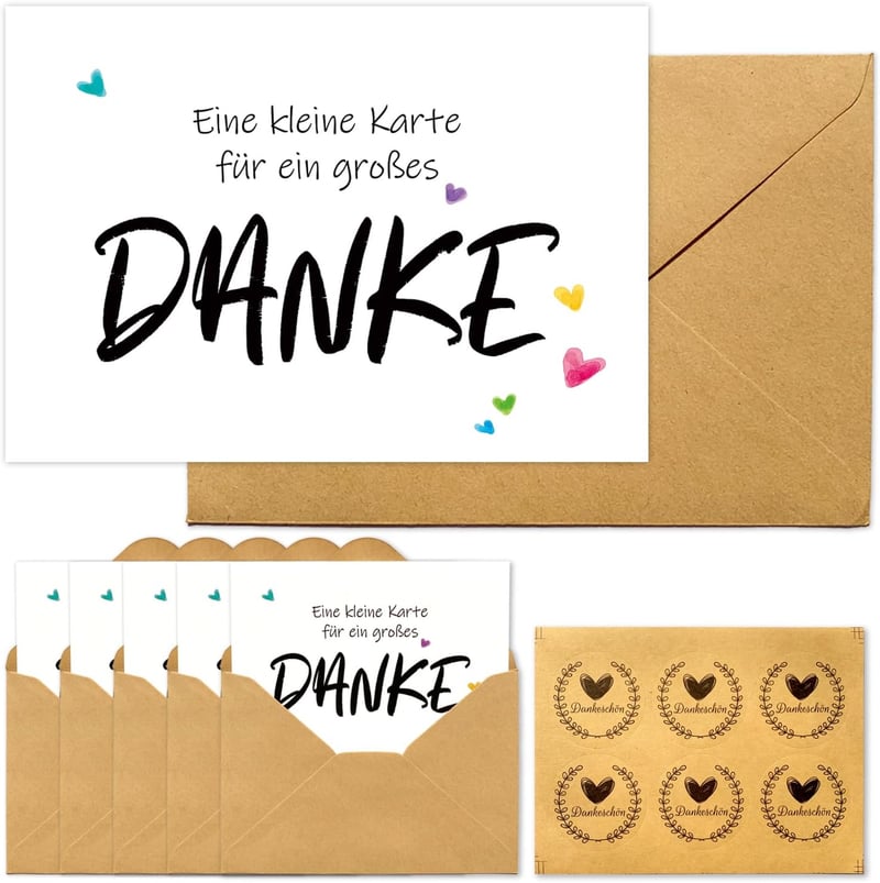 Danke-Karten Set mit Naturkuverts und Aufkleber, 6 Stück A6