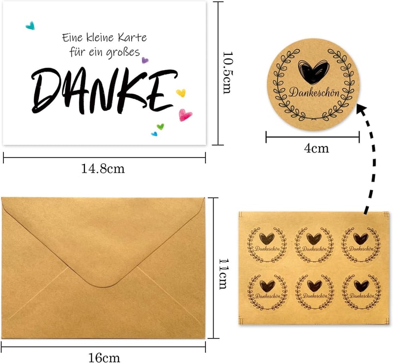 Danke-Karten Set mit Naturkuverts und Aufkleber, 6 Stück A6