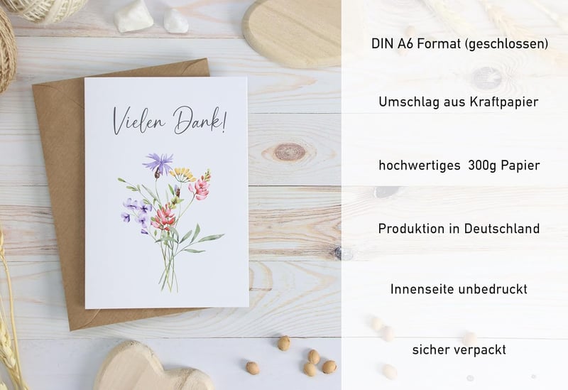 10er Set Dankeskarten für Hochzeiten - Klappkarten mit Umschlägen