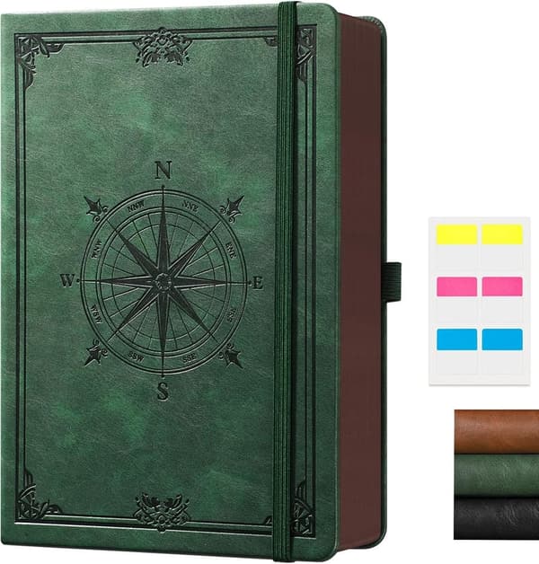 Leder-Hardcover Notizbuch im Kompassdesign, 320 Seiten, 14,5 x 21 cm