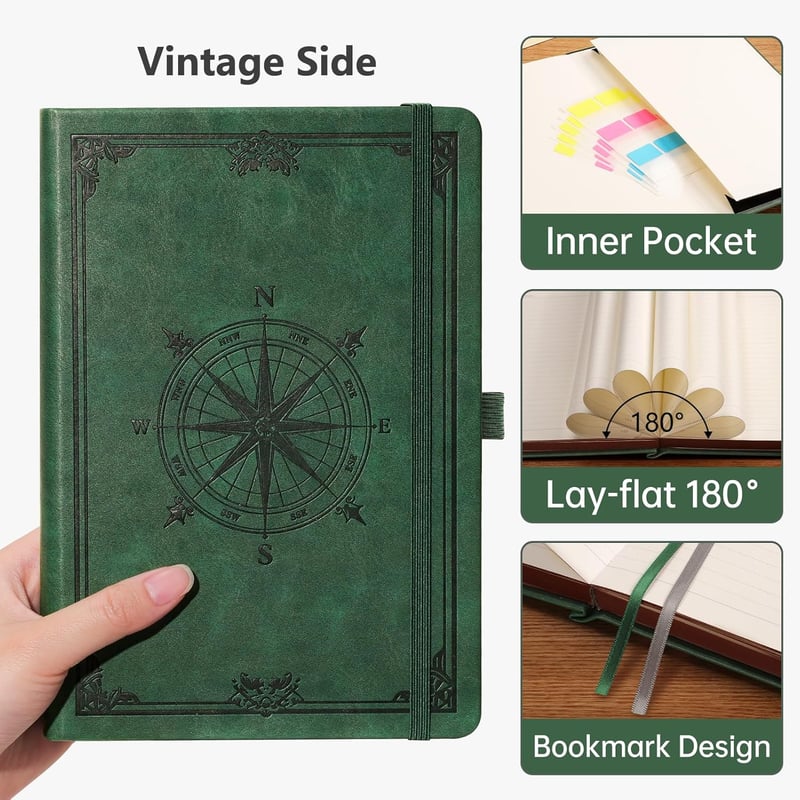 Leder-Hardcover Notizbuch im Kompassdesign, 320 Seiten, 14,5 x 21 cm