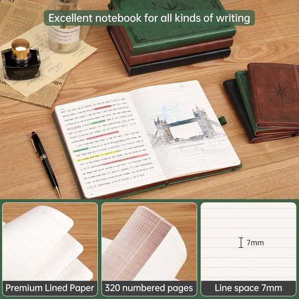 Leder-Hardcover Notizbuch im Kompassdesign, 320 Seiten, 14,5 x 21 cm