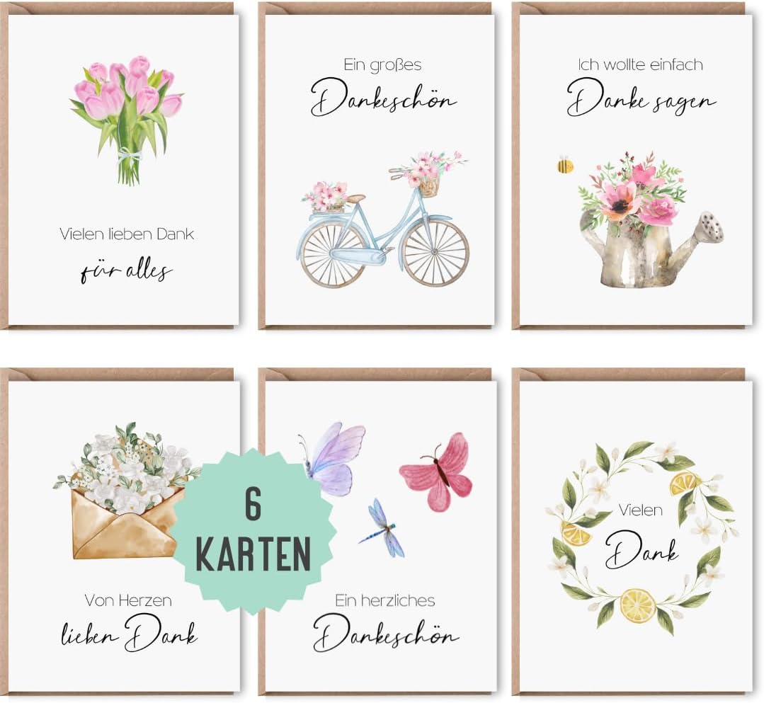 Dankeskarten-Set mit 6 Klappkarten und Naturkuvert