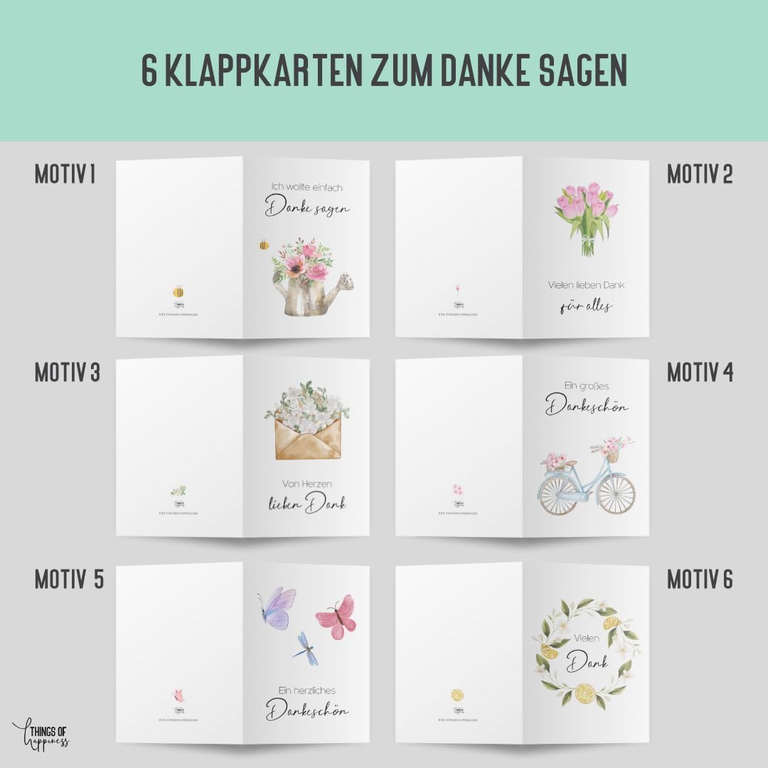 Dankeskarten-Set mit 6 Klappkarten und Naturkuvert
