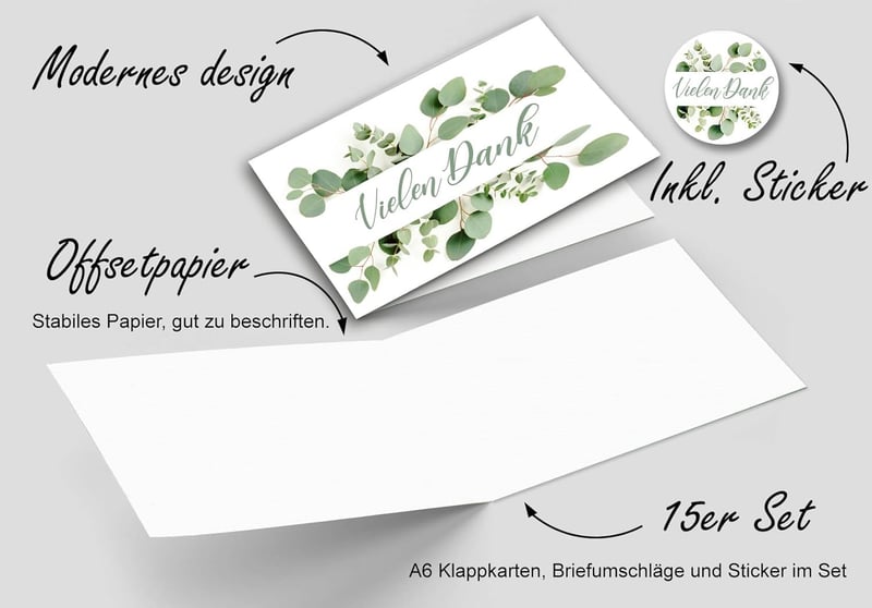 Dankes-Kartenset aus Premium-Papier, 15 Klappkarten und Umschlägen