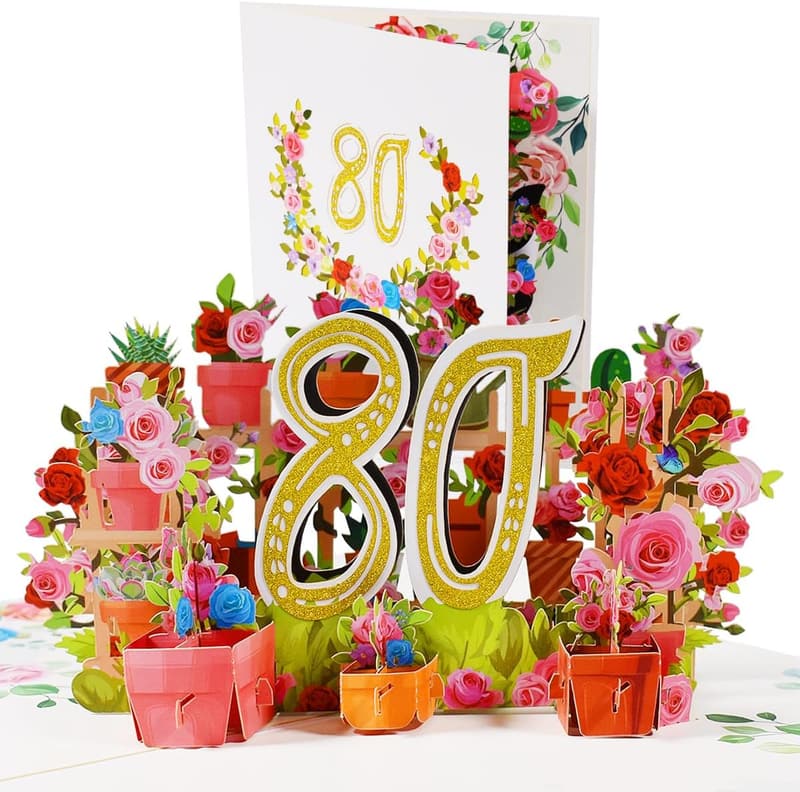 Pop-Up Geburtstagskarte zur Feier des 80. mit Blumenmotiv und Umschlag.