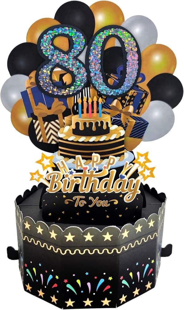80. Geburtstag Pop-Up Grußkarte in Schwarz-Gold mit Umschlag