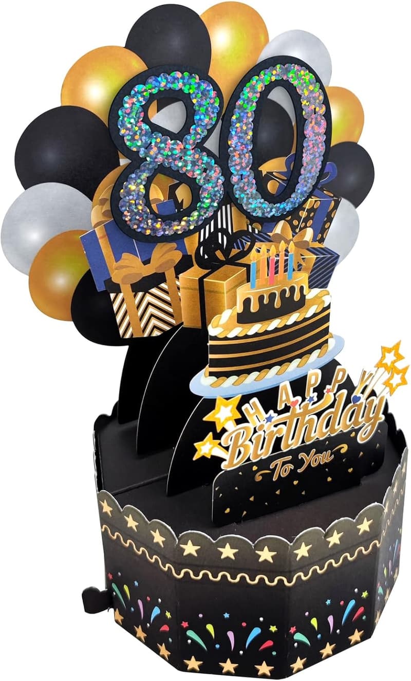 80. Geburtstag Pop-Up Grußkarte in Schwarz-Gold mit Umschlag