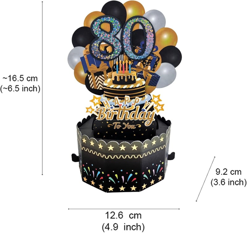80. Geburtstag Pop-Up Grußkarte in Schwarz-Gold mit Umschlag