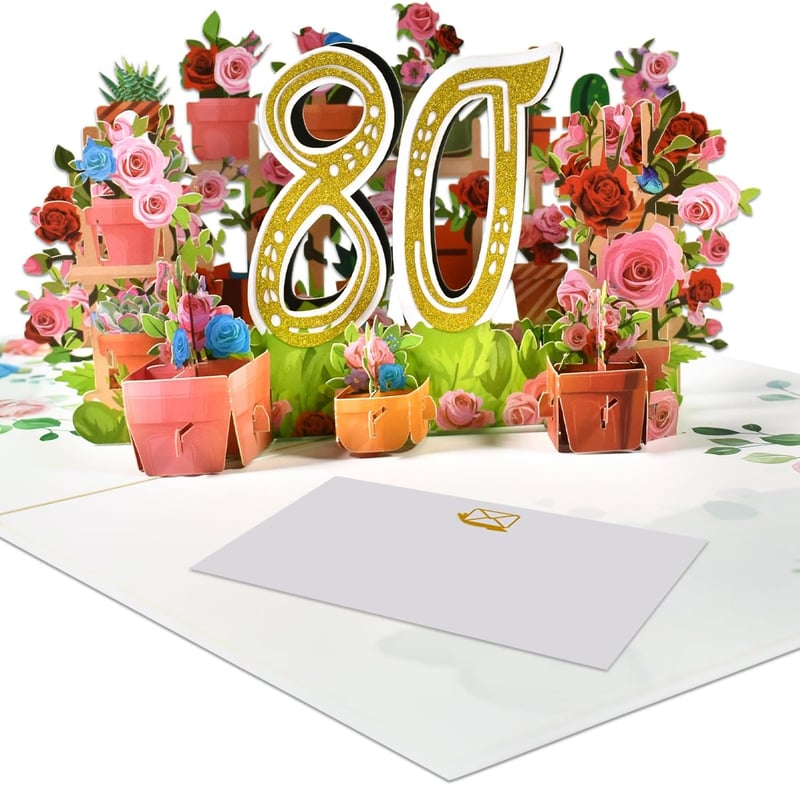 3D Pop-Up Karte zum 80. Geburtstag mit Gartenmotiv