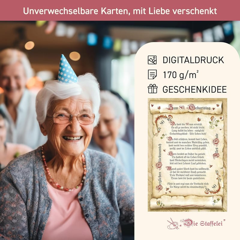Geburtstagskarte zum 80. Geburtstag mit witzigem Gedicht A4