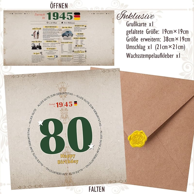 Besondere Geburtstagskarte 80 Jahre für Frauen und Männer mit Umschlag
